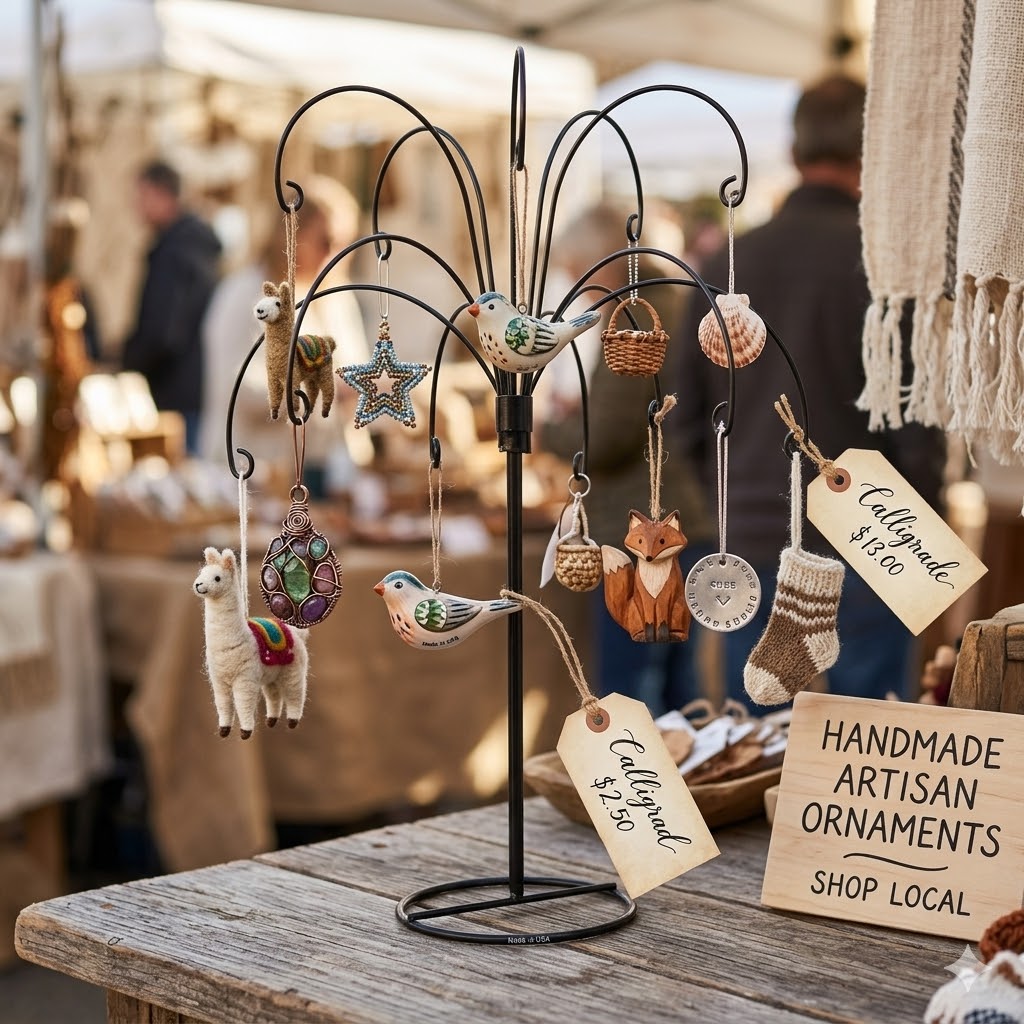 HOHIYA 2-Piece Ornament Display Stand 13.5 Inch Black Heavy Duty Wire Hanging Holder Max Load 1.5 lbs for  Glass Baubles and Easter Eggs Sturdy Metal Display Stand